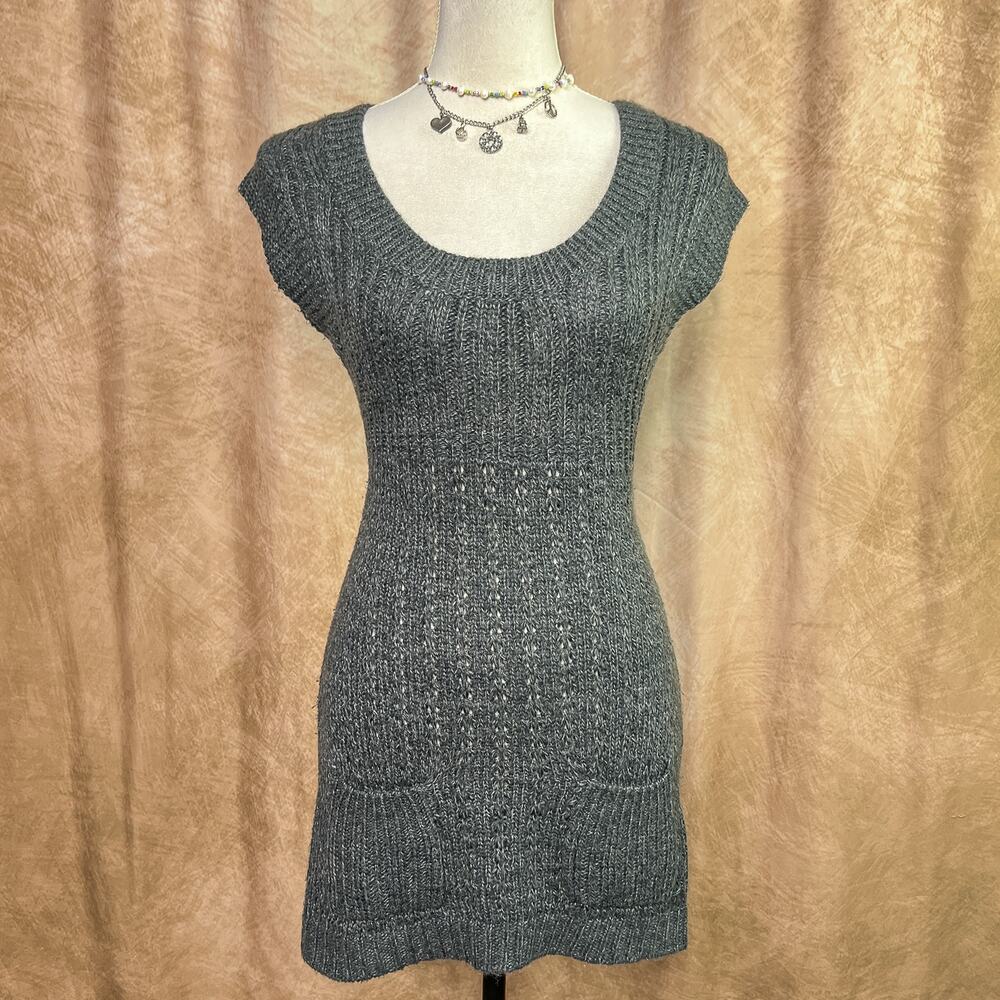 Y2K Knit Mini Dress Gray Short Sleeve Round Neck Pockets Academia Preppy Teacher